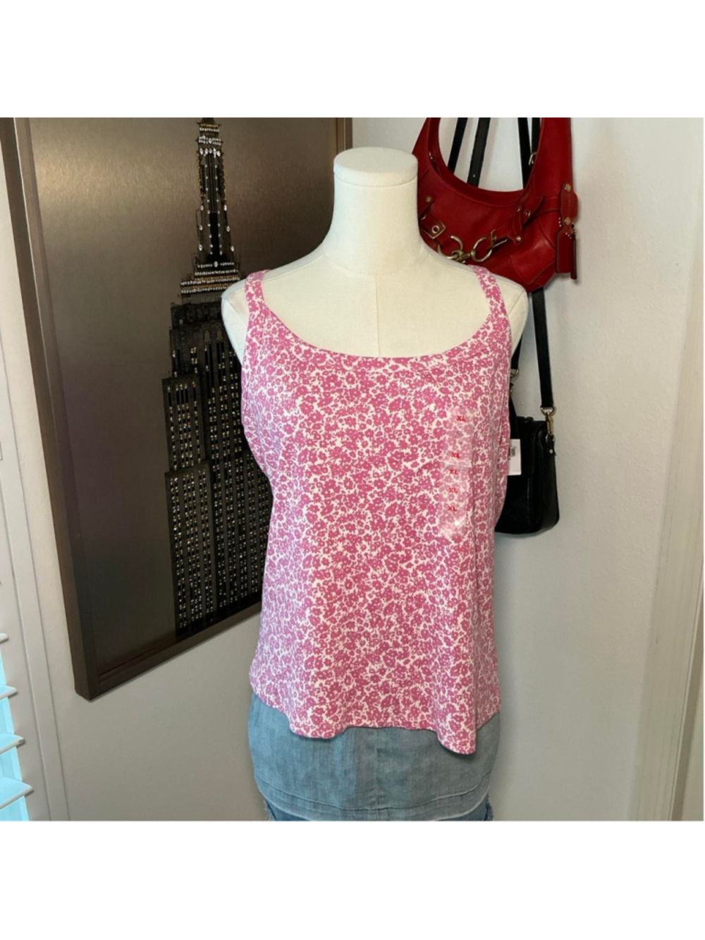 Old Navy Pink Floral Ribbed Tank Top XL Y2K